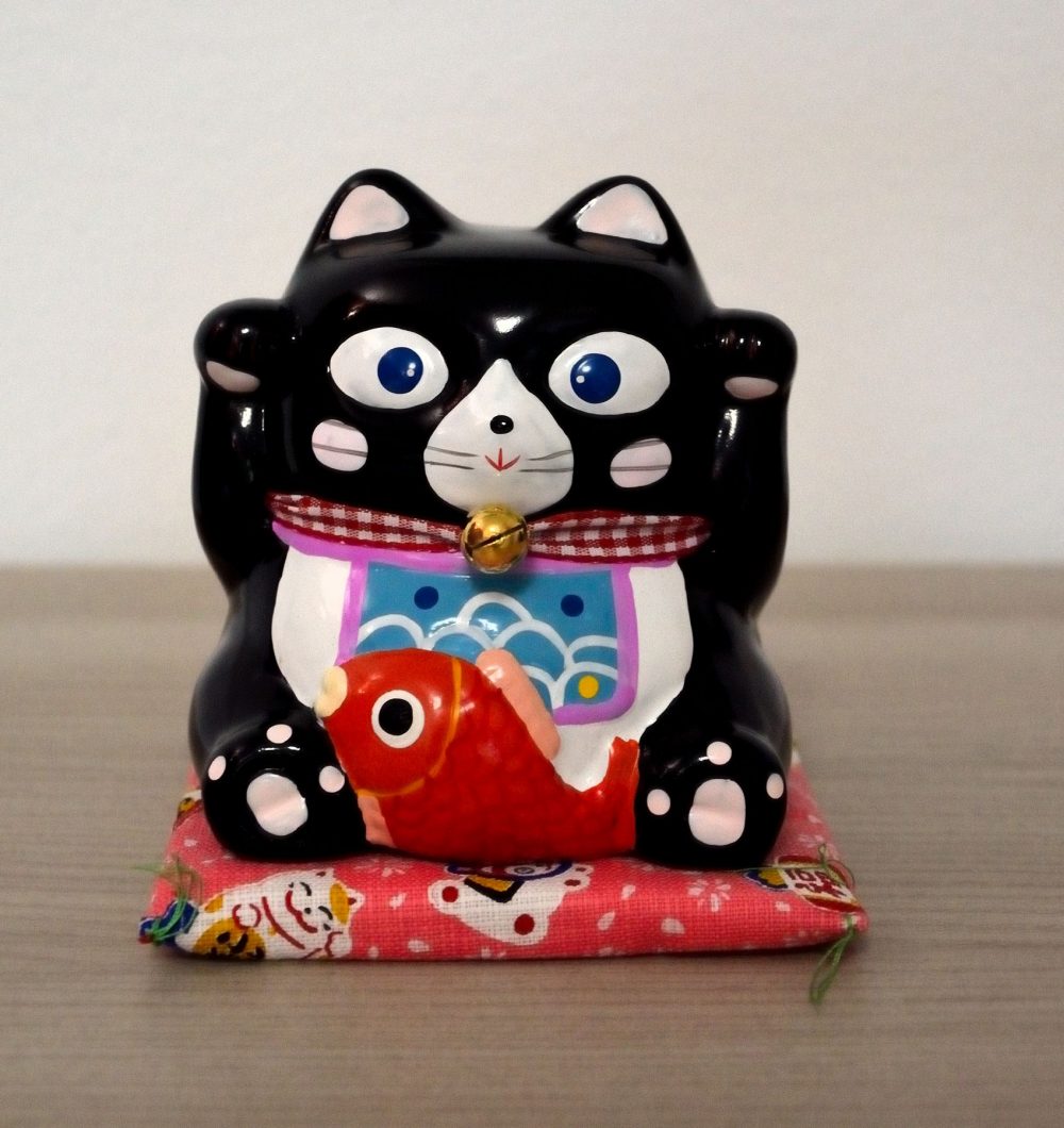 Salvadanaio neko nero, gatto porta fortuna, in ceramica, made in Japan